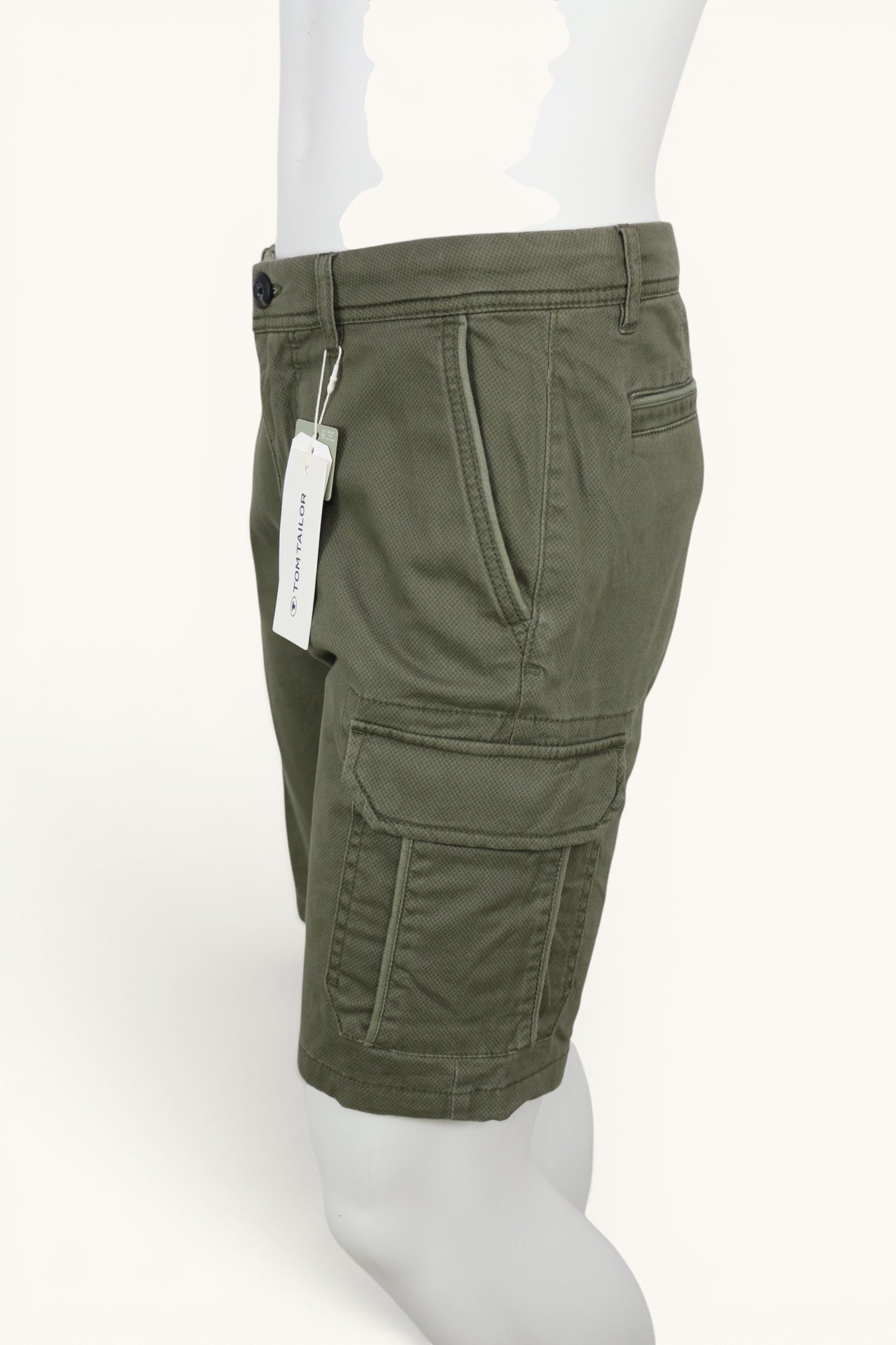 Short cargo Frippindealz Tom Tailor vert kaki en coton stretch avec micro-motif, neuf avec étiquette, coupe regular.