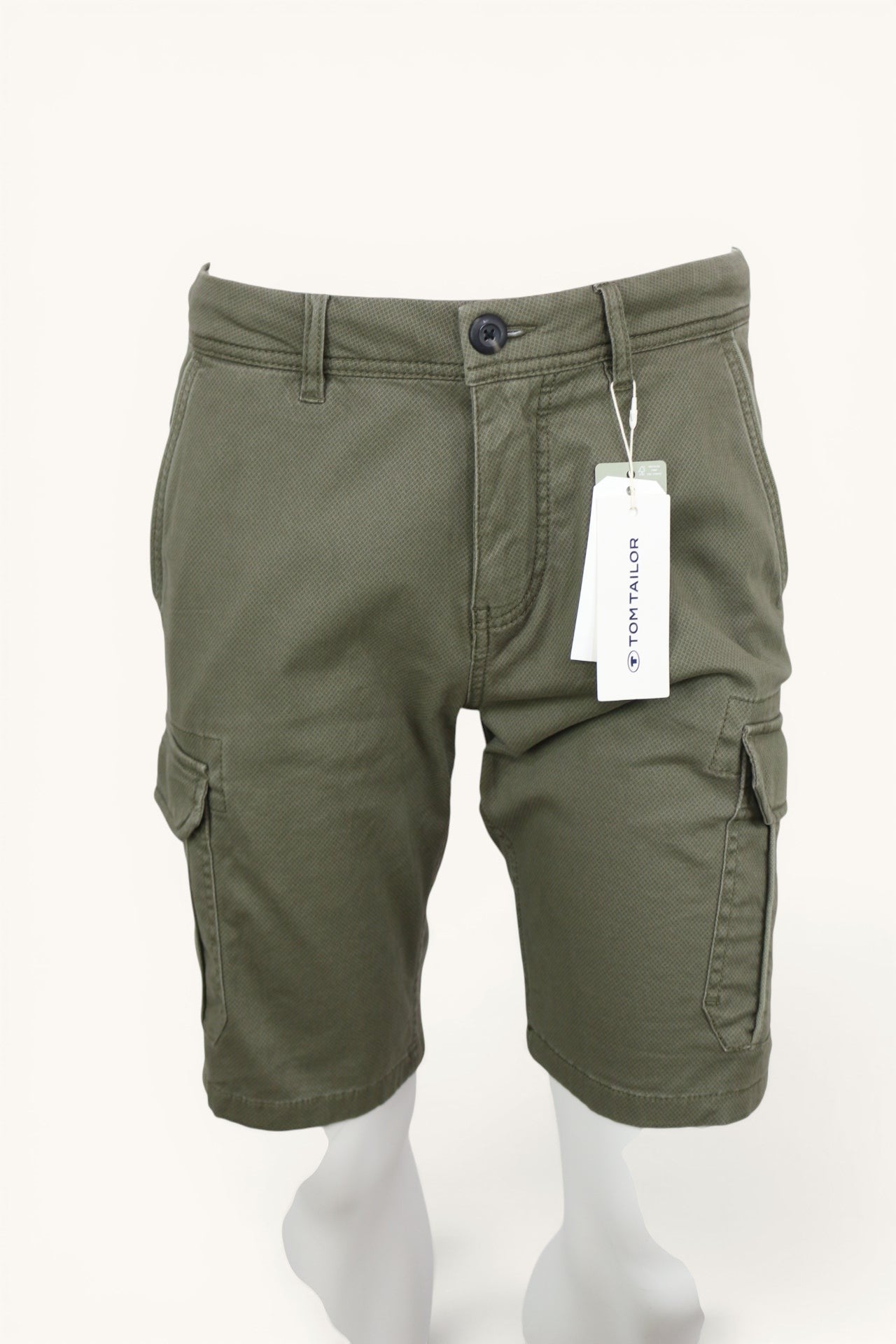 Short cargo Frippindealz Tom Tailor vert kaki en coton stretch avec micro-motif, neuf avec étiquette.