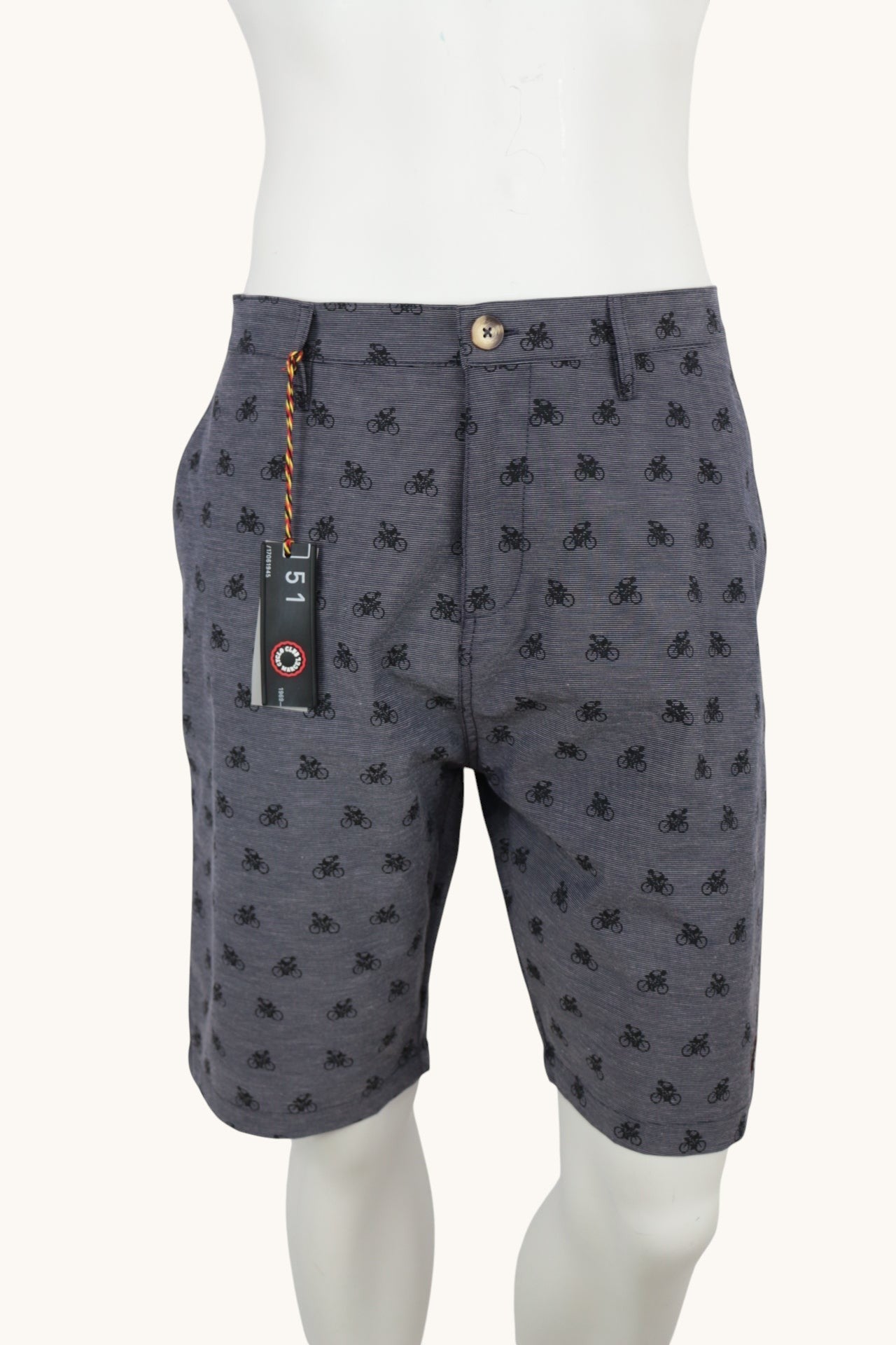Short chino Frippindealz Cyclo Club Marcel bleu marine stretch avec imprimé vélos, taille XL, neuf avec étiquette.