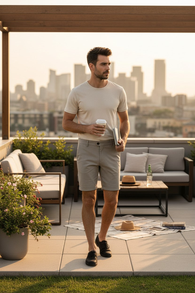 Homme portant un bermuda chino beige Frippindealz sur une terrasse urbaine, style casual chic avec revers.