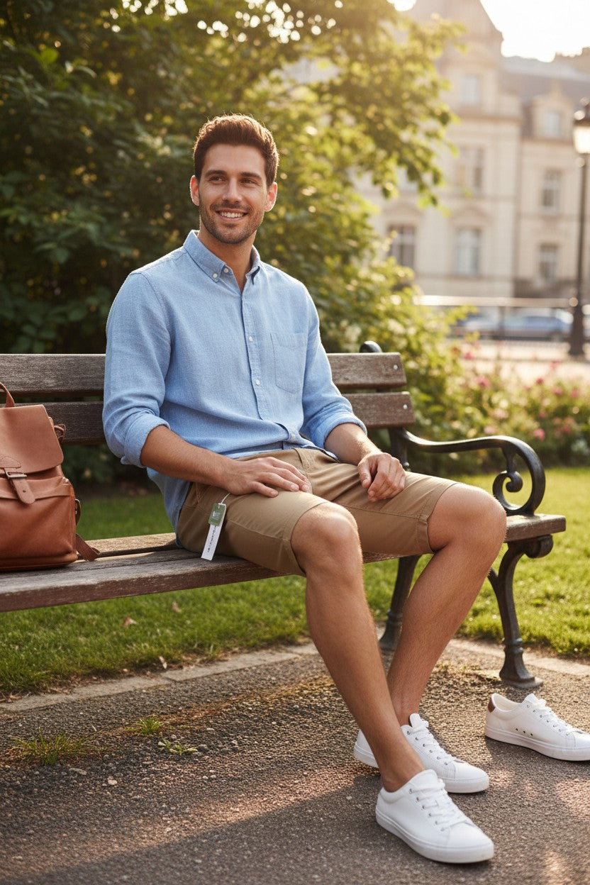 Homme souriant portant un short chino beige sable Tom Tailor en coton stretch, assis sur un banc, Frippindealz.