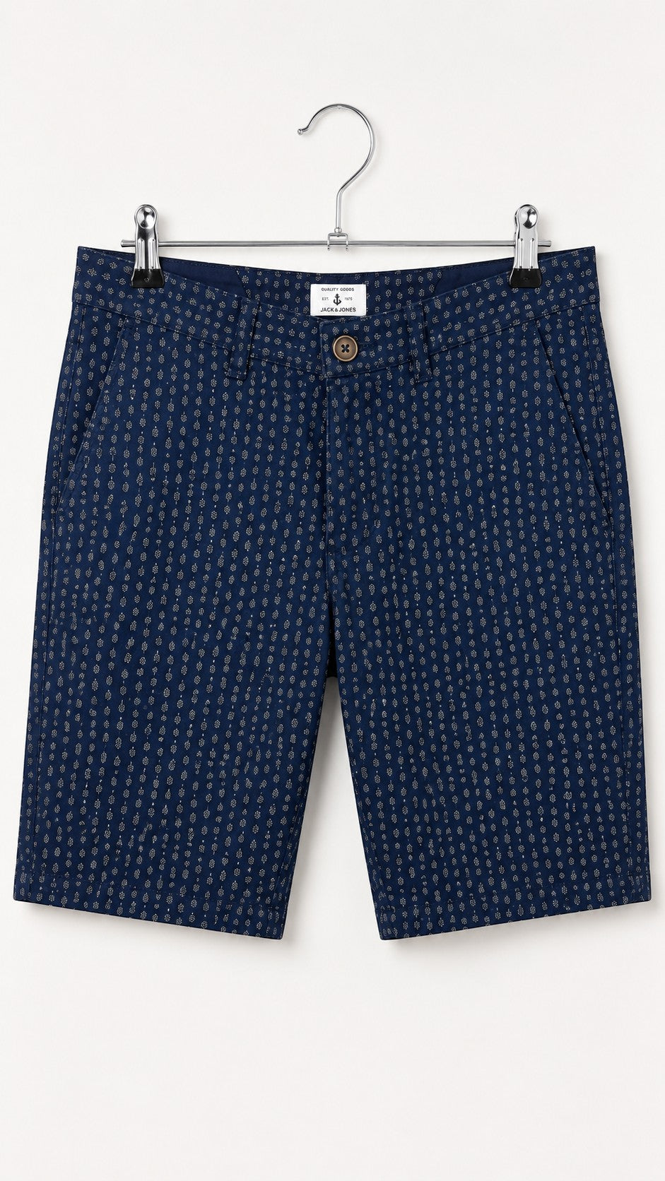 Short chino Frippindealz Jack & Jones bleu marine à motif géométrique, coupe regular en coton stretch.