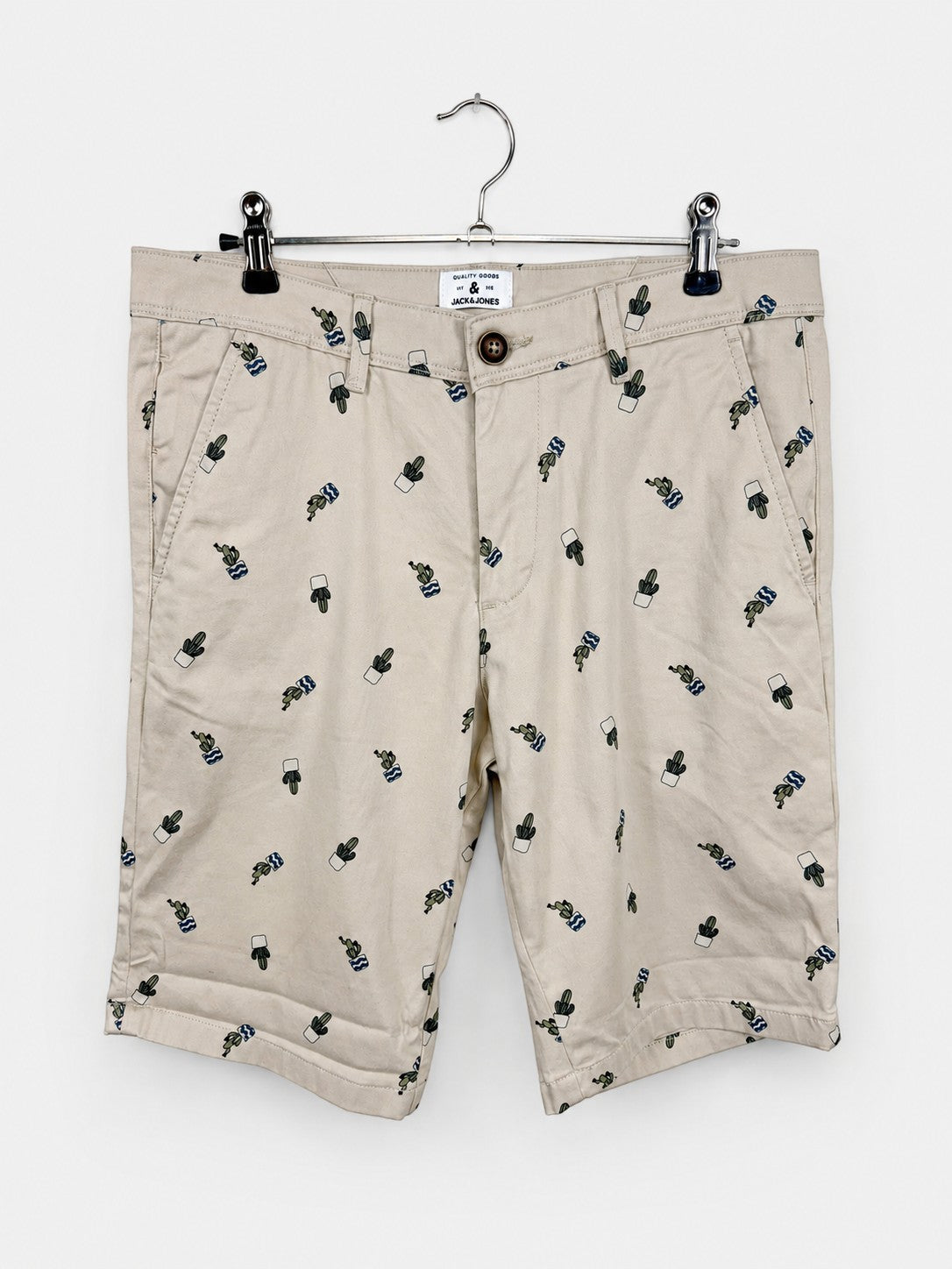Short chino beige Frippindealz Jack & Jones en coton avec imprimé cactus, coupe regular, neuf avec étiquette.