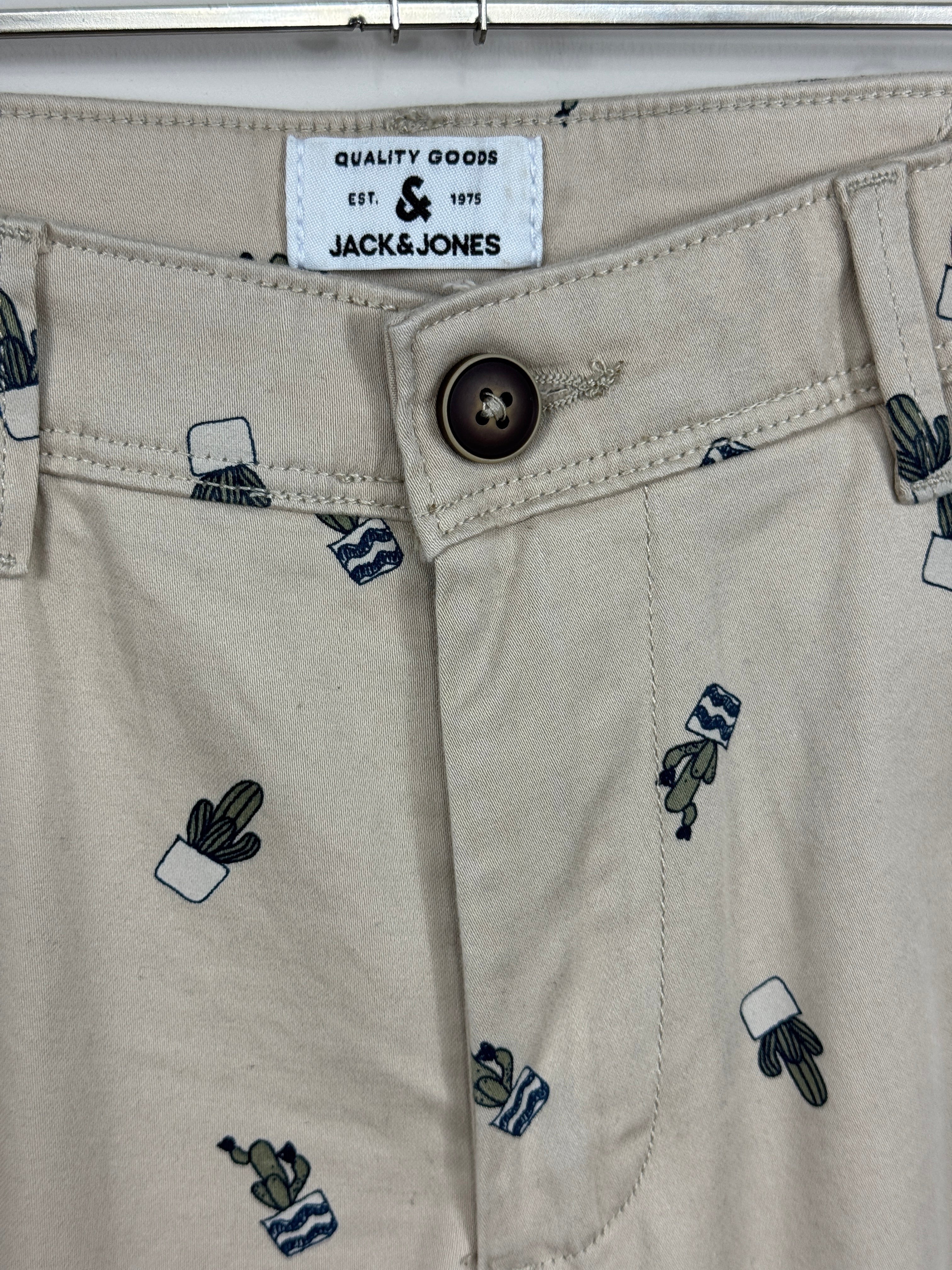 Short chino beige Frippindealz Jack & Jones en coton avec imprimé cactus, coupe regular fit, neuf avec étiquette.