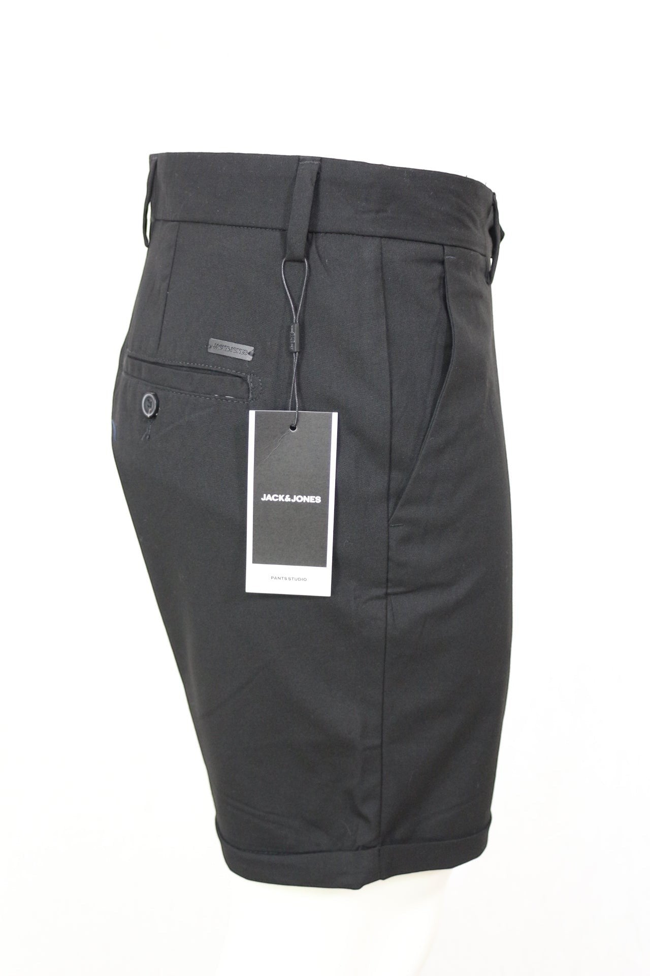 Bermuda chino noir Frippindealz pour homme, coupe regular fit avec revers et poches passepoilées, neuf avec étiquette.