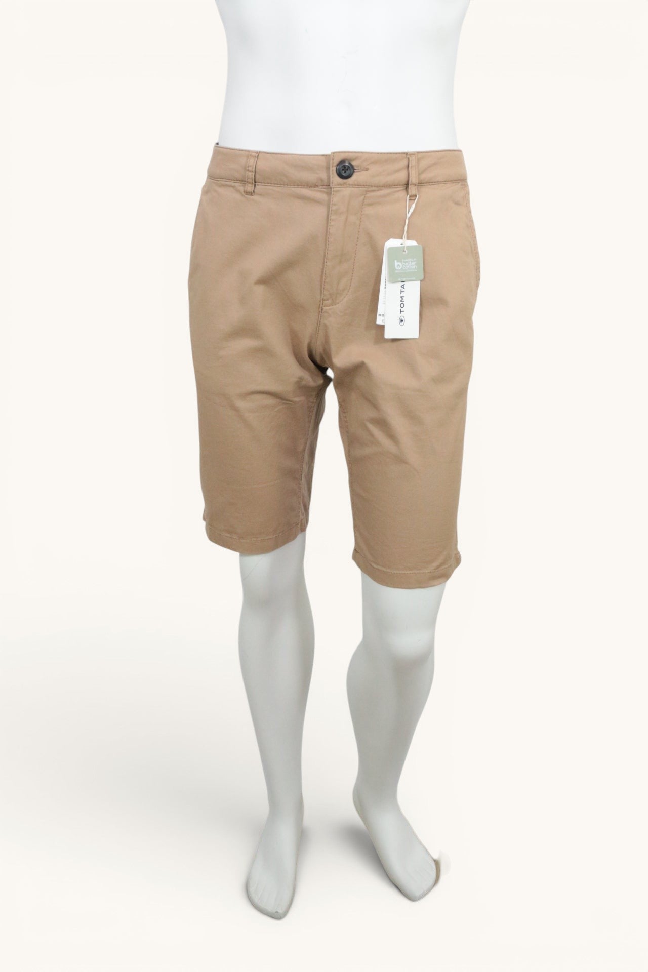 Short chino Frippindealz Tom Tailor beige sable en coton stretch, coupe slim, neuf avec étiquette, style casual.