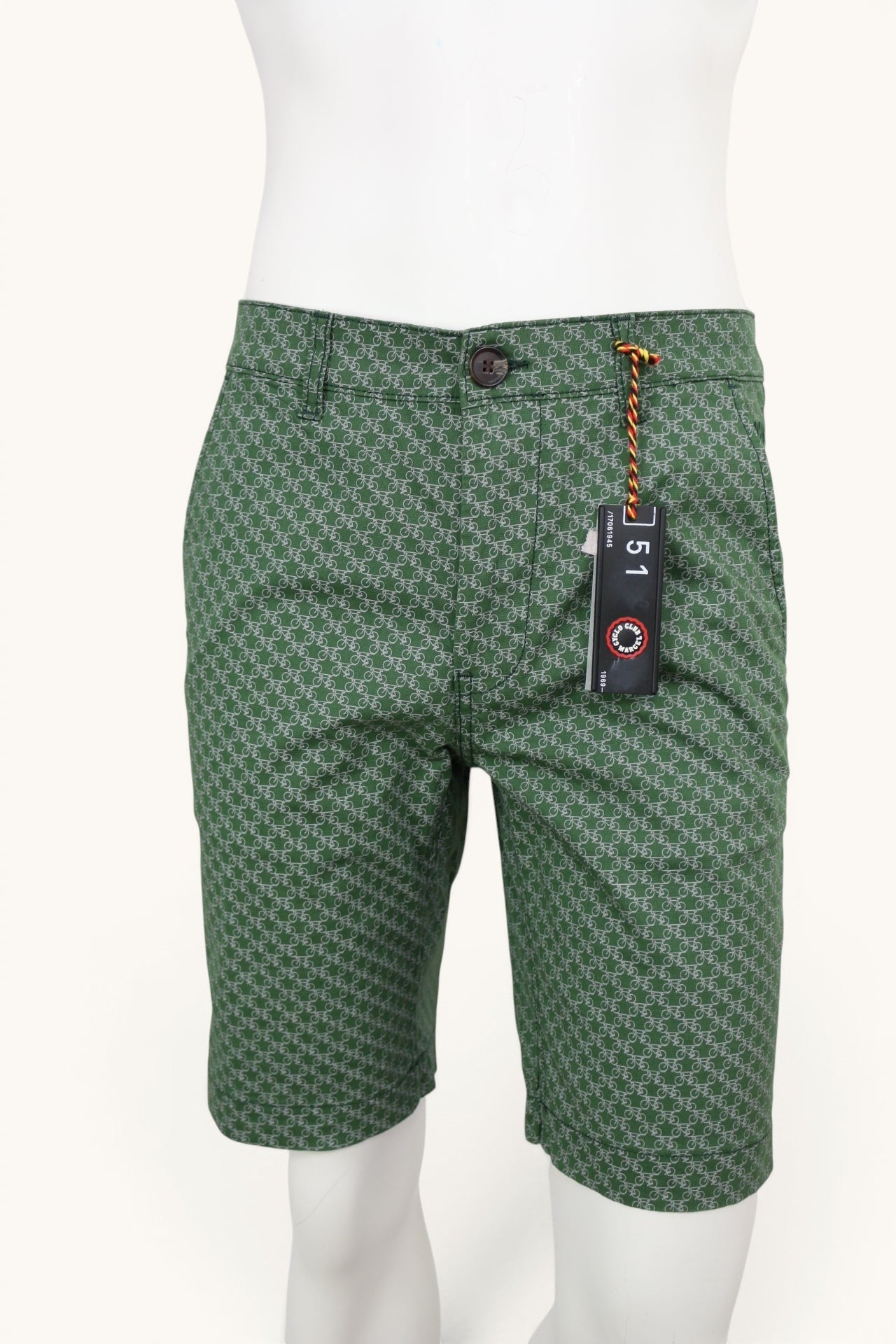 Short Frippindealz vert Seaweed Green en coton stretch avec imprimé vélos, collection Cyclo Club, neuf avec étiquette