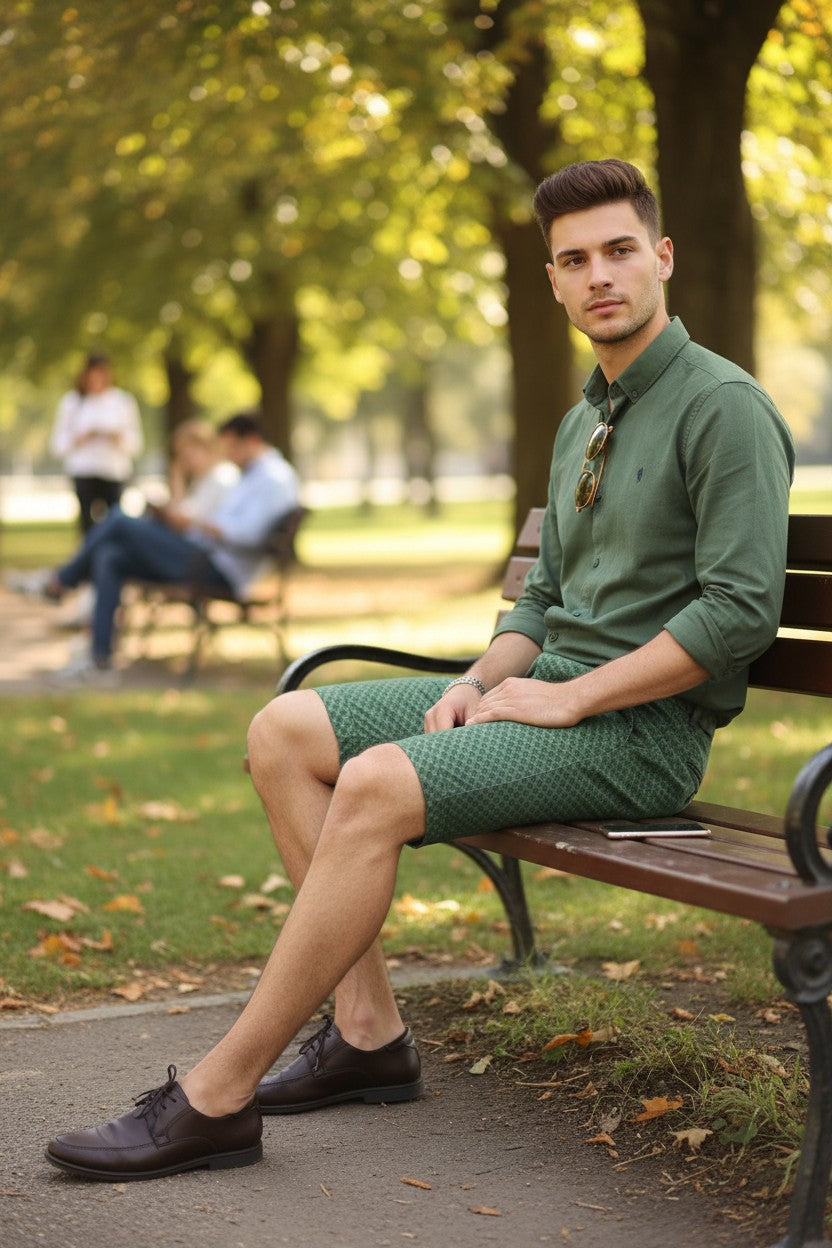 Short Frippindealz vert Seaweed Green en coton stretch avec imprimé vélos, porté par un homme sur un banc de parc.