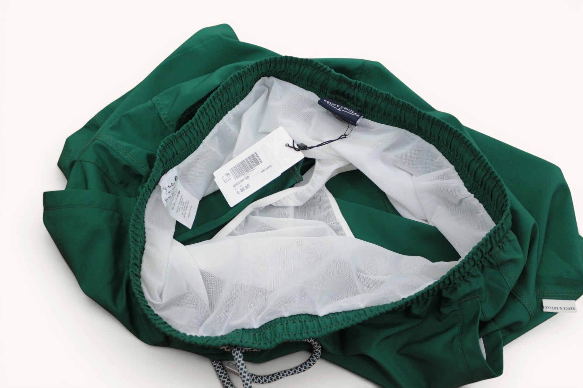 Short de bain homme Frippindealz Bruce & Butler vert foncé avec taille élastique, doublure mesh et étiquette neuve.