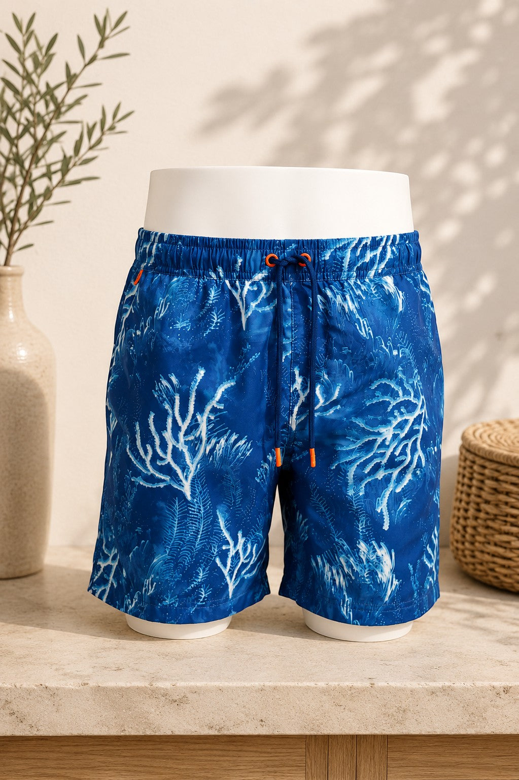 Short de bain Frippindealz Petrol Industries bleu à motif coraux, taille élastiquée avec cordon orange, neuf.