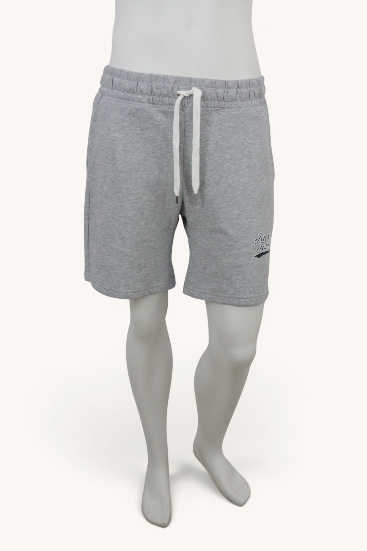 Short homme gris chiné Frippindealz en molleton avec cordon de serrage blanc et logo Jack & Jones imprimé, neuf.