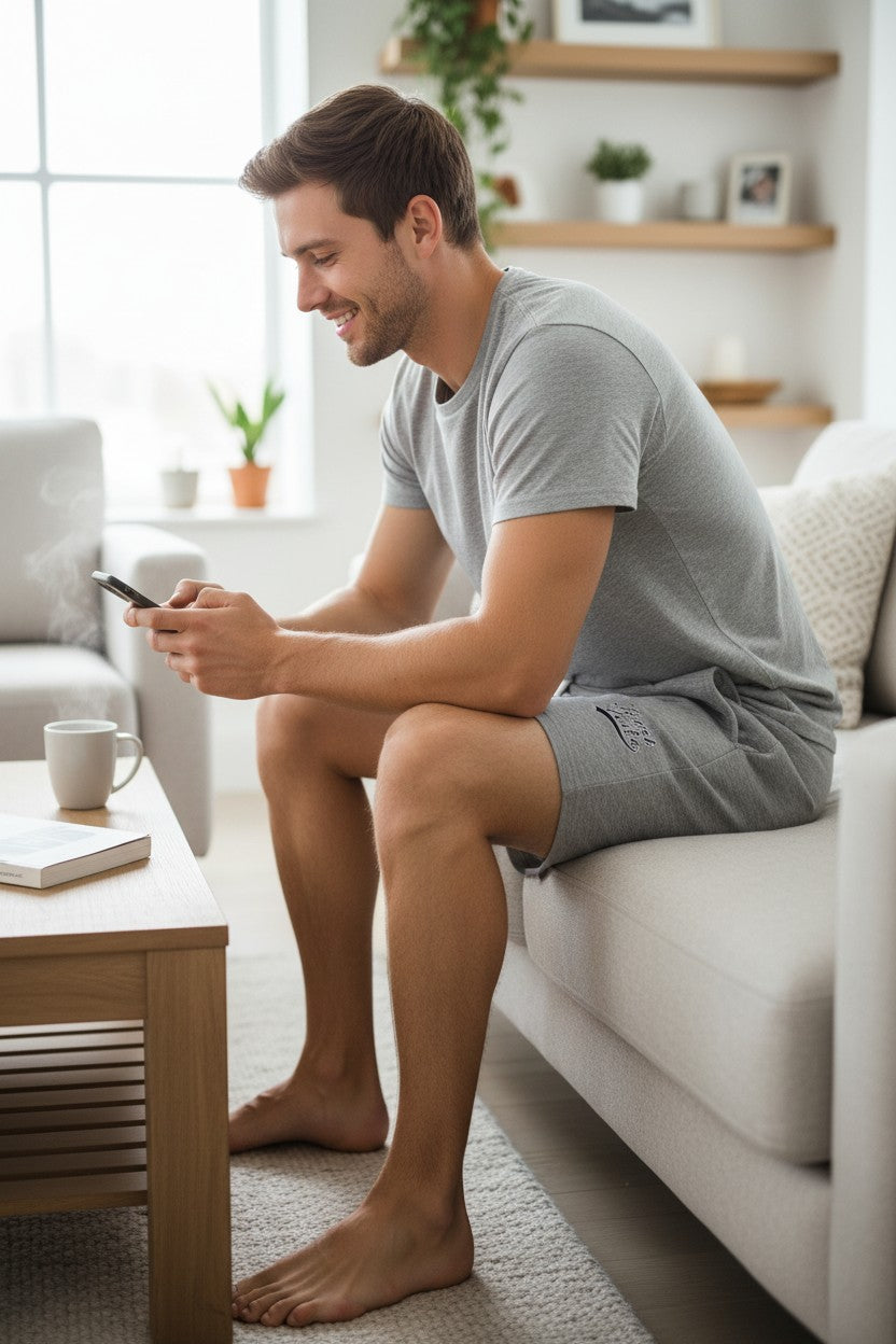 Homme souriant assis sur un canapé portant un short gris chiné Jack & Jones avec logo, style casual confortable.