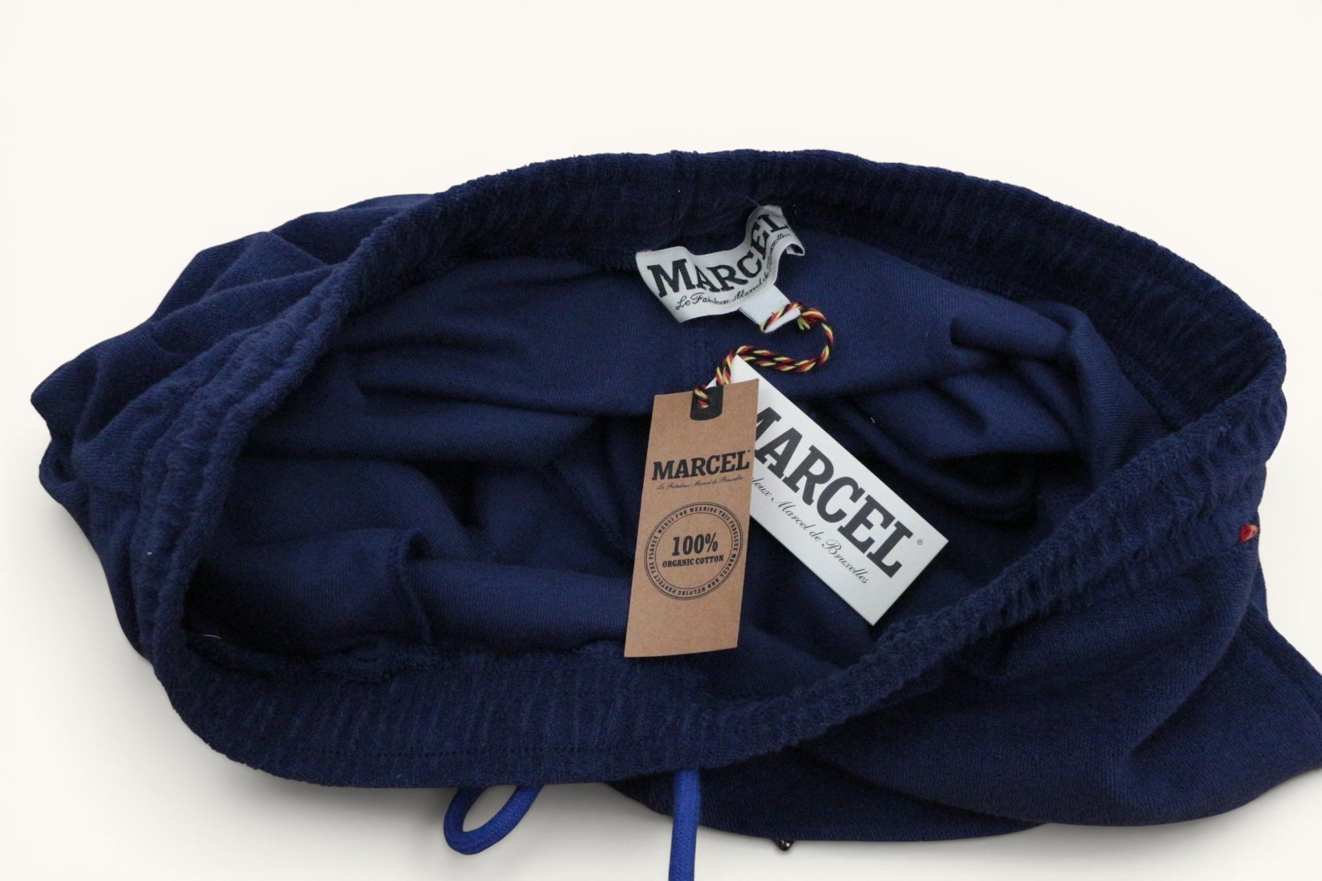 Short homme Marcel bleu marine en éponge 100% coton bio avec étiquette Frippindealz, taille élastiquée et cordon