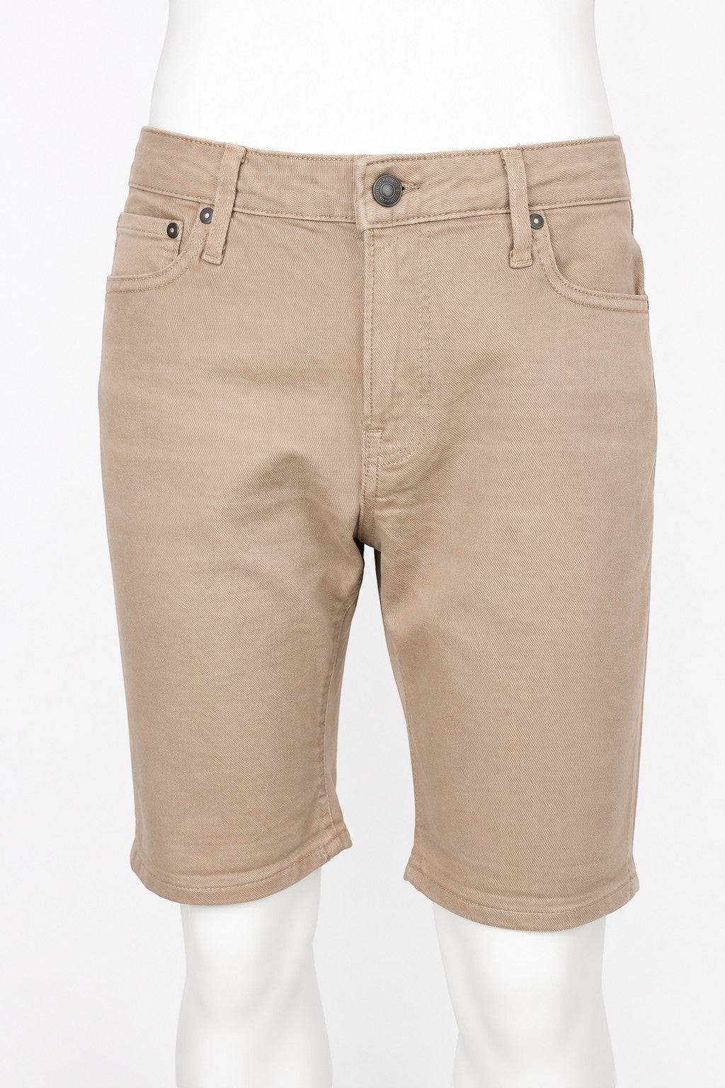 Short en jean beige sable Frippindealz, coupe regular fit, 5 poches, style casual et estival pour homme.