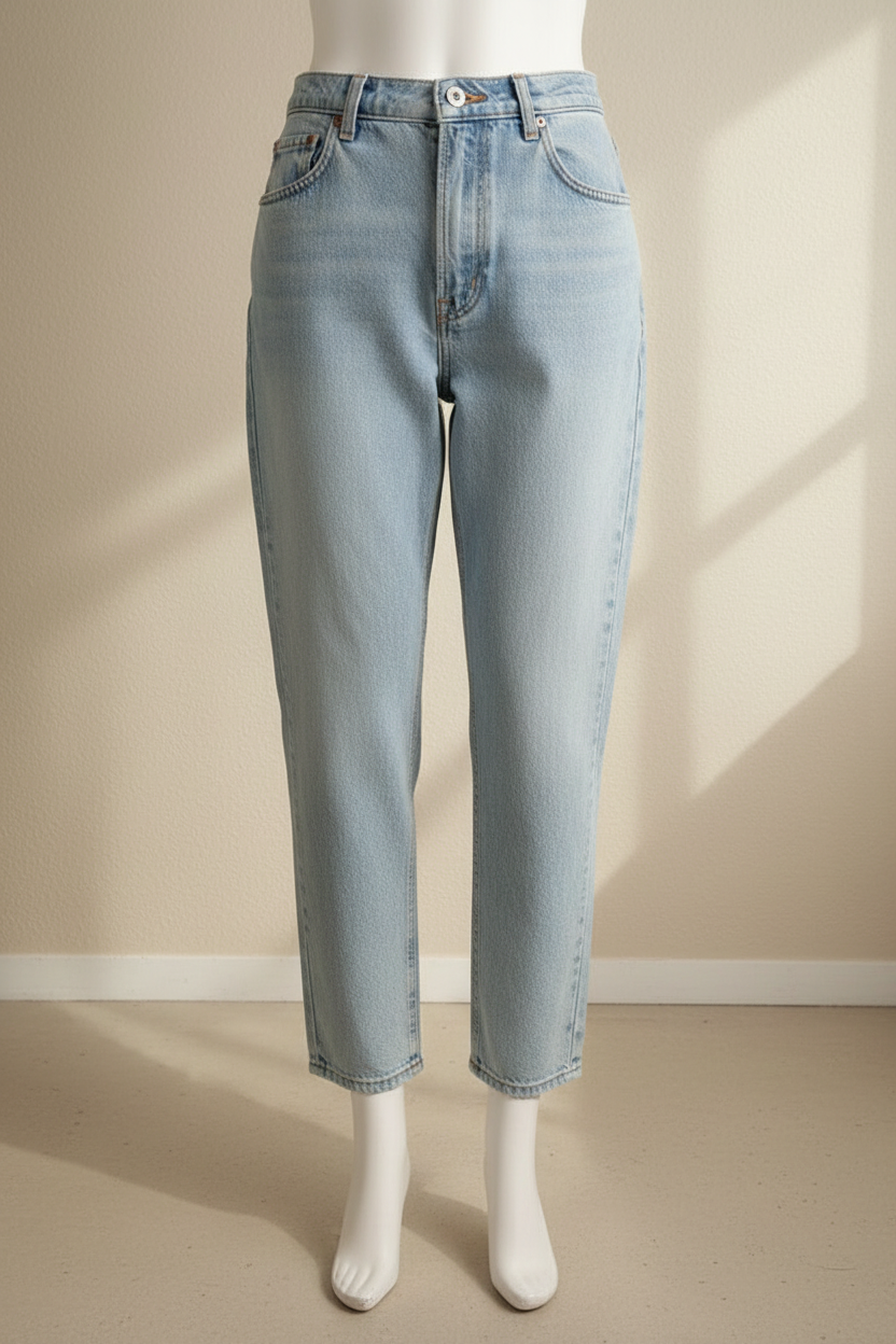 Jeans droit Frippindealz Sisley en coton bleu clair, coupe vintage 90s, neuf avec étiquette sur mannequin