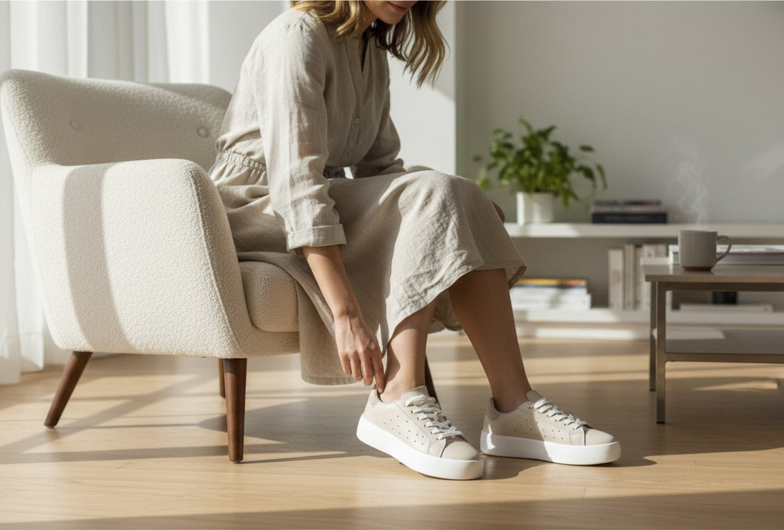 Femme portant des sneakers plateforme Musse & Cloud Margot en cuir nude avec robe en lin dans un salon lumineux