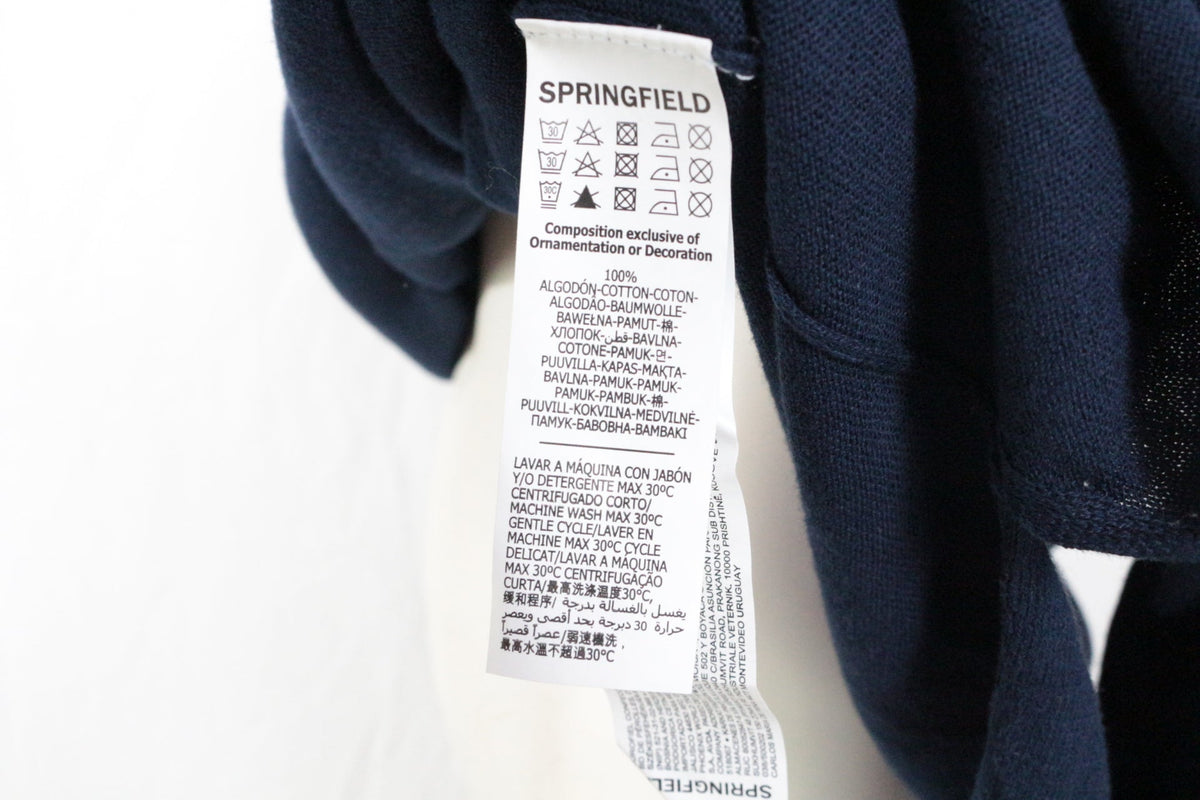 Étiquette de composition 100% coton du pull bleu marine Frippindealz Springfield
