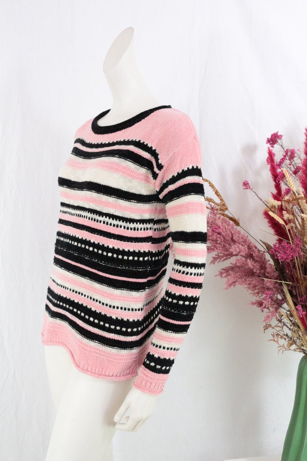 Pull femme Frippindealz Springfield à rayures horizontales roses, noires et blanches en mélange coton et polyester