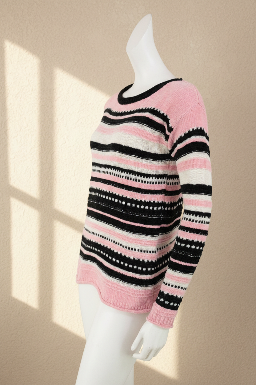 Pull Frippindealz Springfield à rayures horizontales roses, noires et blanches en maille douce sur mannequin