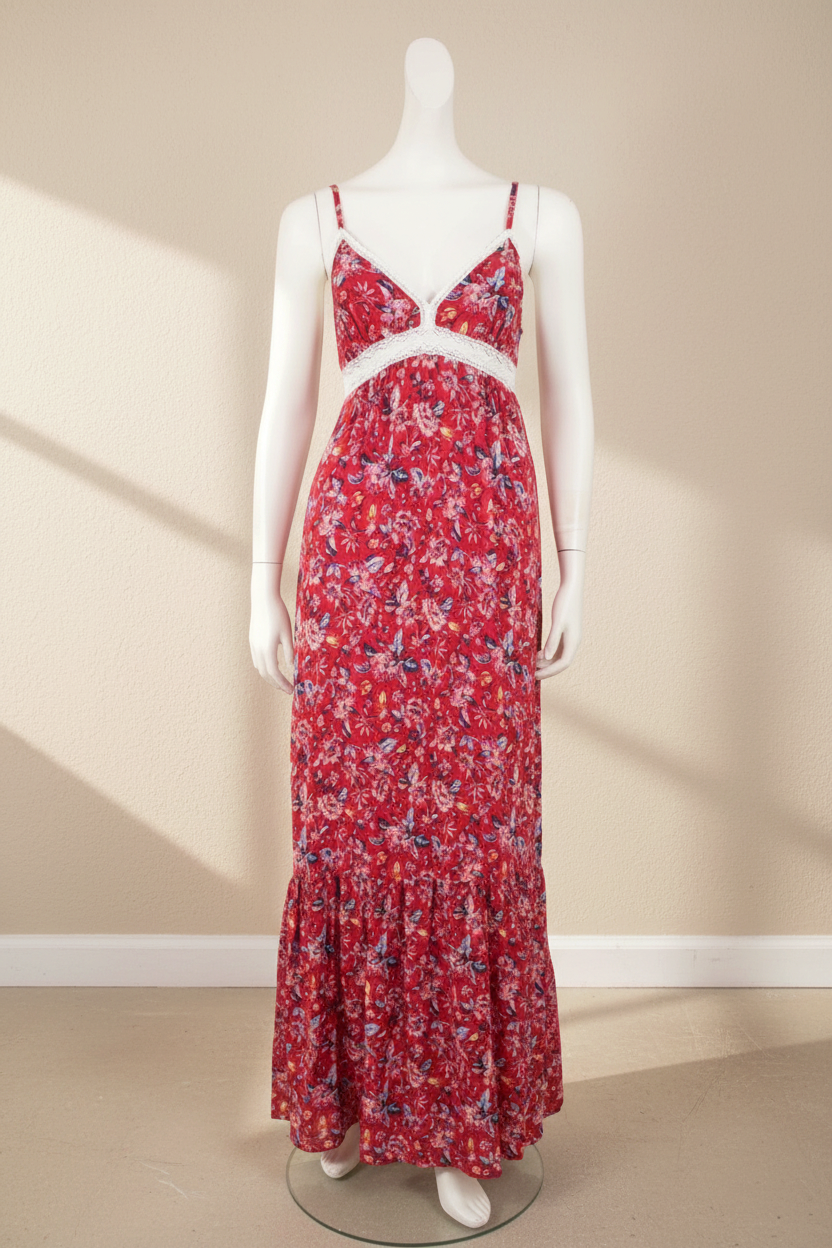 Robe longue Frippindealz Springfield rouge à motifs floraux, bretelles fines et détails en dentelle blanche