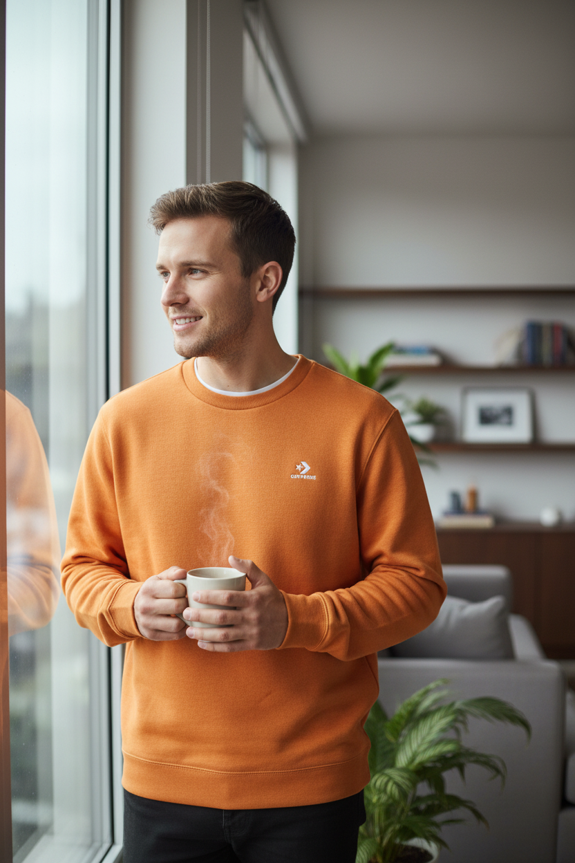 Homme souriant portant un sweat-shirt orange Converse en coton et polyester, tenant une tasse près d'une fenêtre