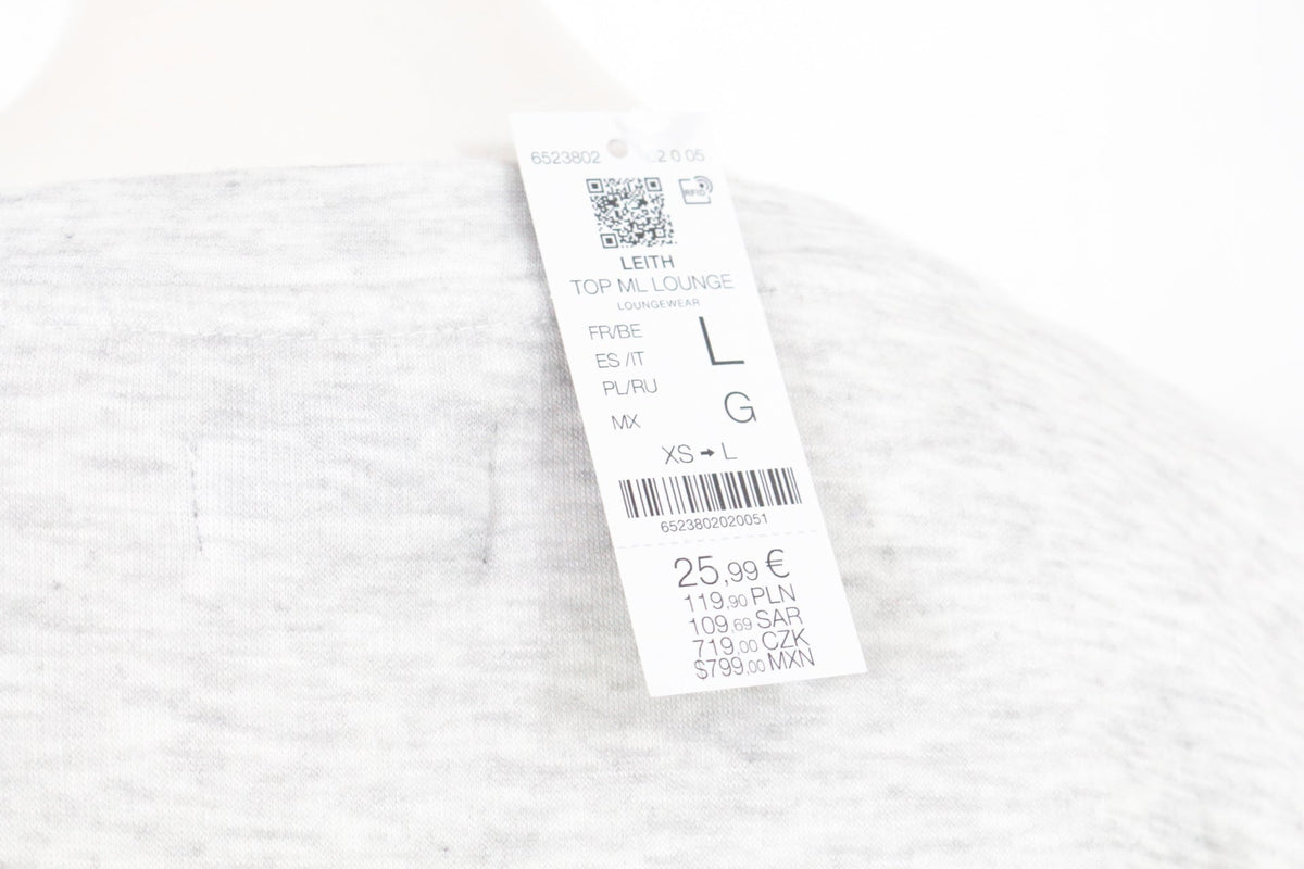 Etiquette de prix Frippindealz sur un sweat-shirt Etam gris chiné en viscose et polyester, taille L