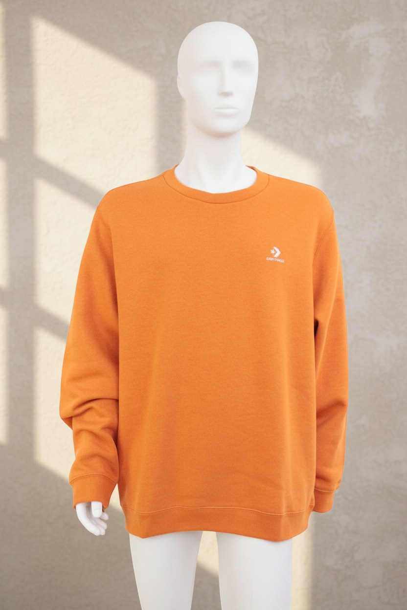 Sweat-shirt orange Frippindealz en coton et polyester avec logo Converse brodé, coupe unisexe, neuf.
