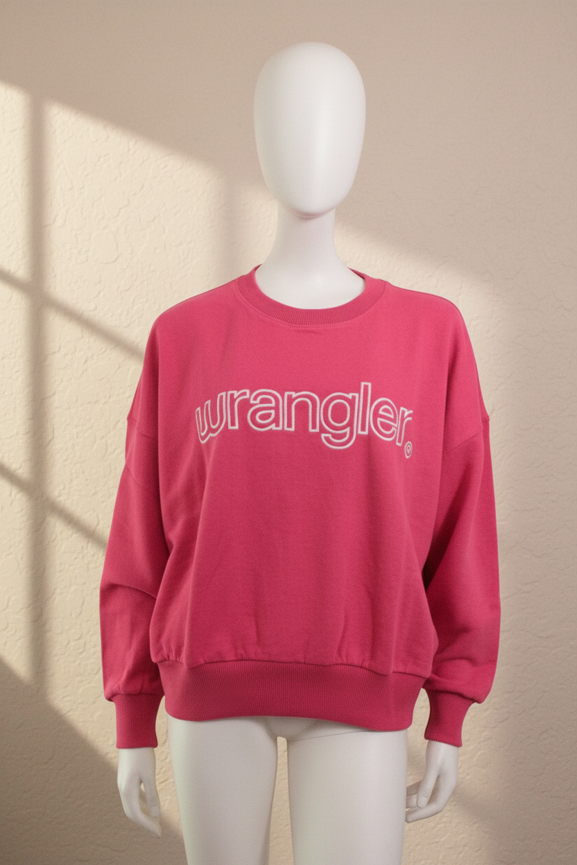Sweat-shirt rose Frippindealz avec logo Wrangler blanc, coupe ample en mélange coton et polyester