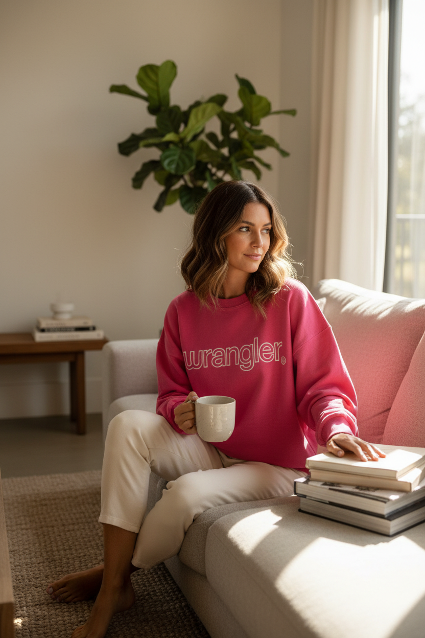 Femme assise sur un canapé portant un sweat-shirt rose vif Wrangler avec logo blanc, style décontracté et confortable