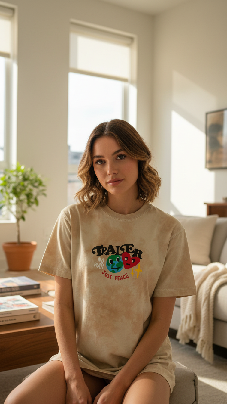 Femme portant un t-shirt beige en coton Frippindealz avec motif graphique No War Just Peace dans un salon lumineux