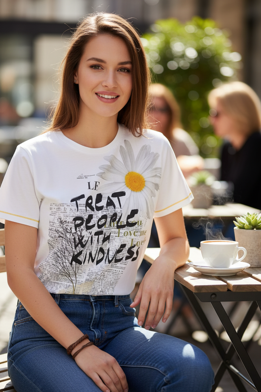 Femme portant un t-shirt blanc en coton Frippindealz avec imprimé floral et texte inspirant en terrasse