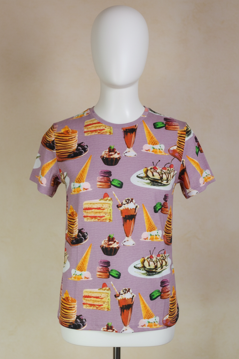 T-shirt Frippindealz Brave Soul violet avec imprimé gourmand de pâtisseries, glaces et desserts sur mannequin