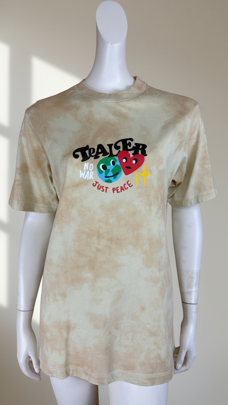 T-shirt Frippindealz en coton beige effet tie-dye avec imprimé graphique No War Just Peace sur le buste