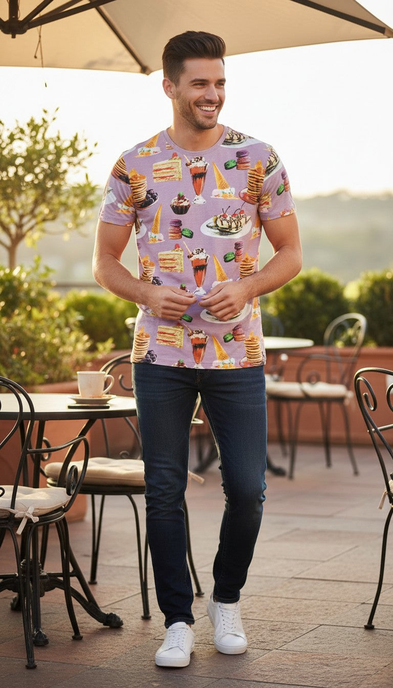 Homme souriant portant un t-shirt Frippindealz violet à imprimé pâtisseries colorées avec un jean et des baskets
