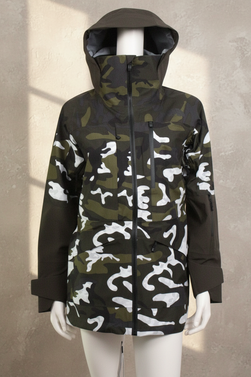 Veste camouflage Frippindealz The North Face en polyamide et polyester avec capuche, tons kaki, blanc et noir.