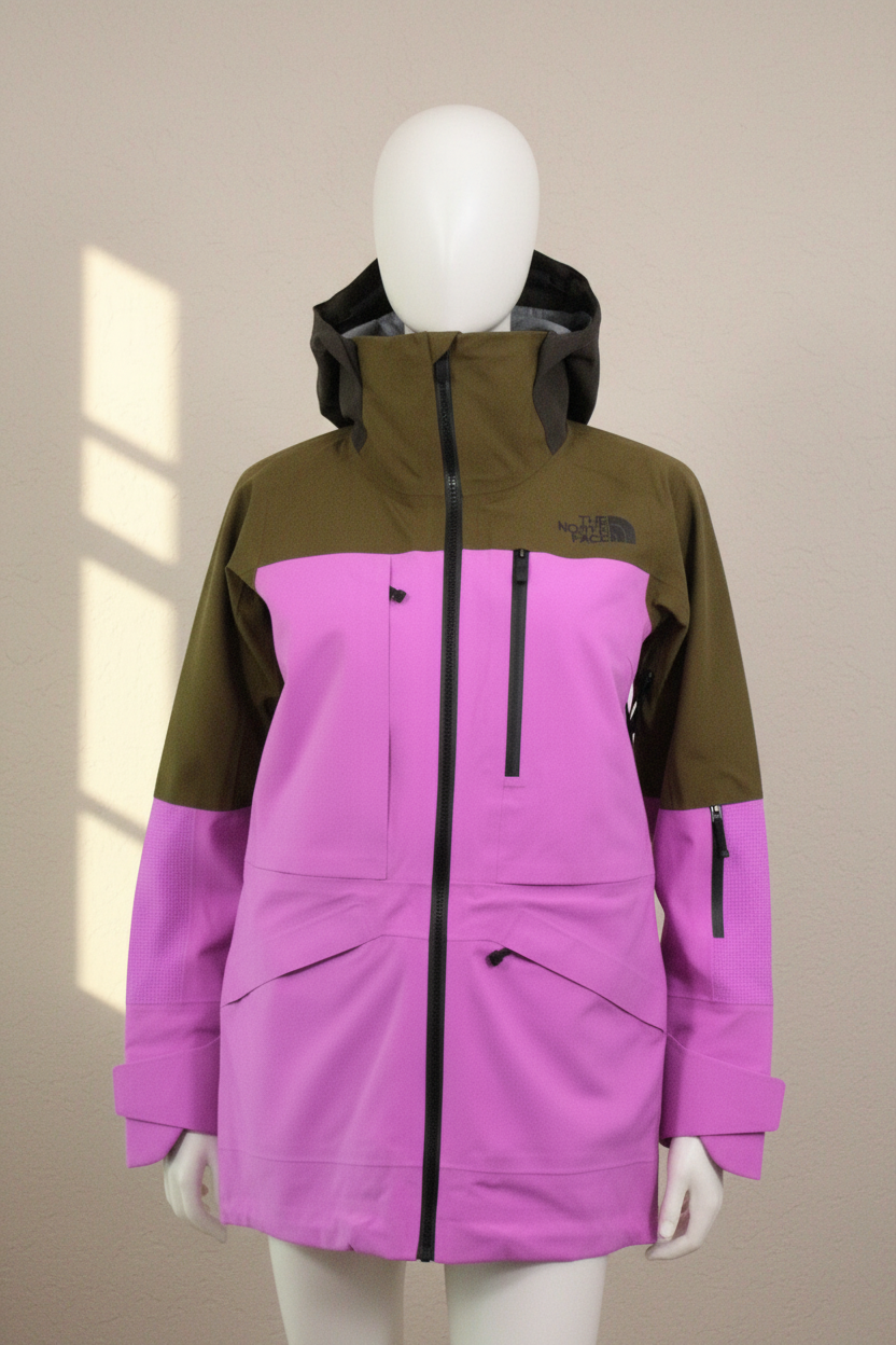 Veste de ski Frippindealz The North Face bicolore violet et kaki avec capuche et fermetures éclair noires