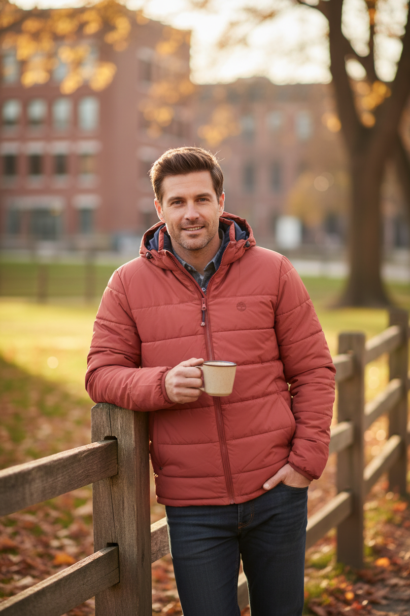 Homme portant une doudoune rouge Frippindealz Timberland avec capuche, debout près d'une clôture en bois en automne