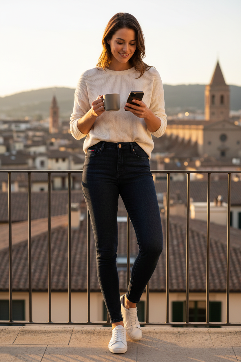 Femme portant un pantalon bleu marine Frippindealz Tommy Hilfiger ajusté sur une terrasse avec vue panoramique