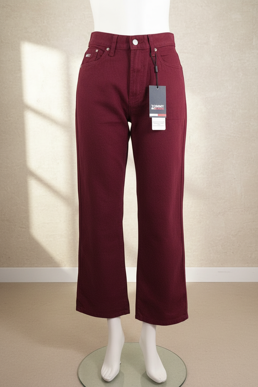 Jean taille haute Frippindealz Tommy Jeans en coton bordeaux avec étiquette, coupe droite et fermeture zippée