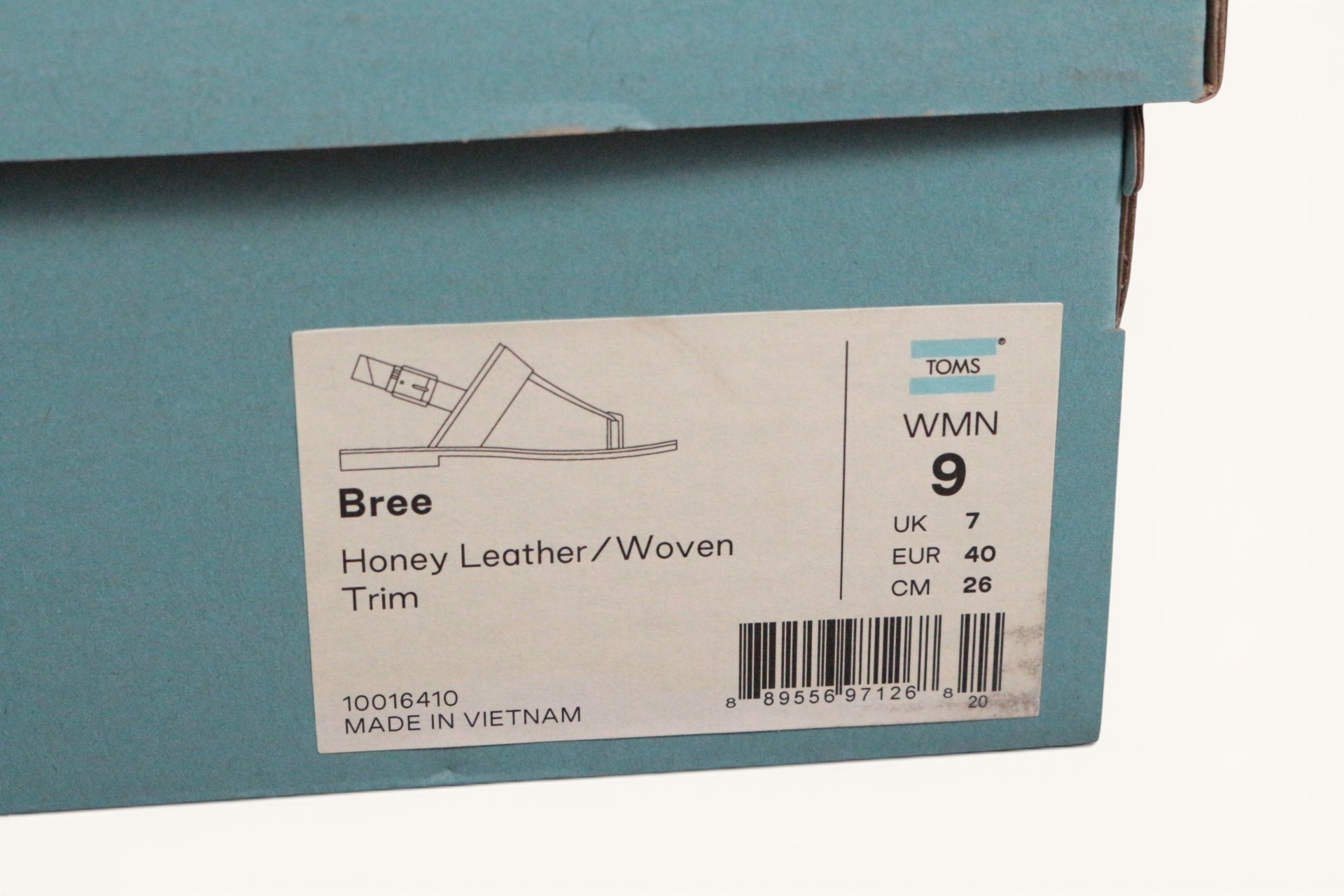 Étiquette de boîte à chaussures Frippindealz pour sandales Tom's Bree en cuir miel et garniture tissée taille 40