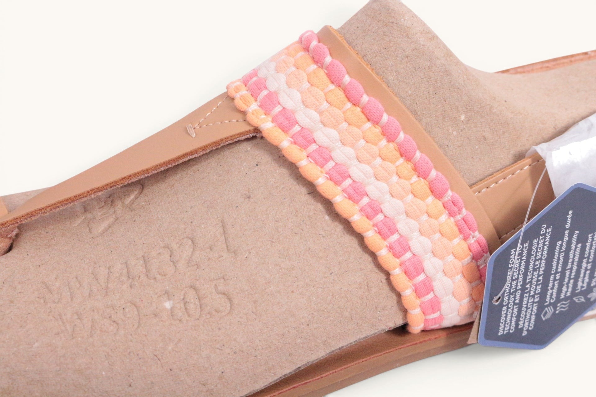 Sandales Frippindealz Tom's en cuir beige avec bride tissée multicolore rose et orange, neuves avec étiquette.