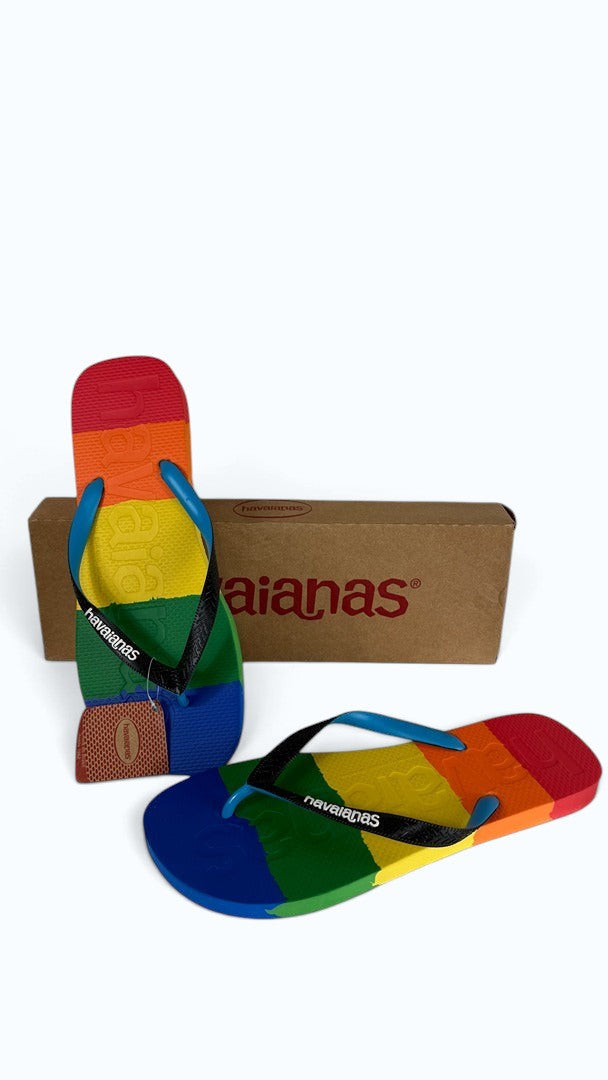Tongs Frippindealz Havaianas Logomania en caoutchouc avec semelle dégradée arc-en-ciel et brides noires