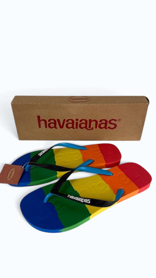 Tongs Frippindealz Havaianas Logomania en caoutchouc avec semelle dégradée arc-en-ciel et brides noires