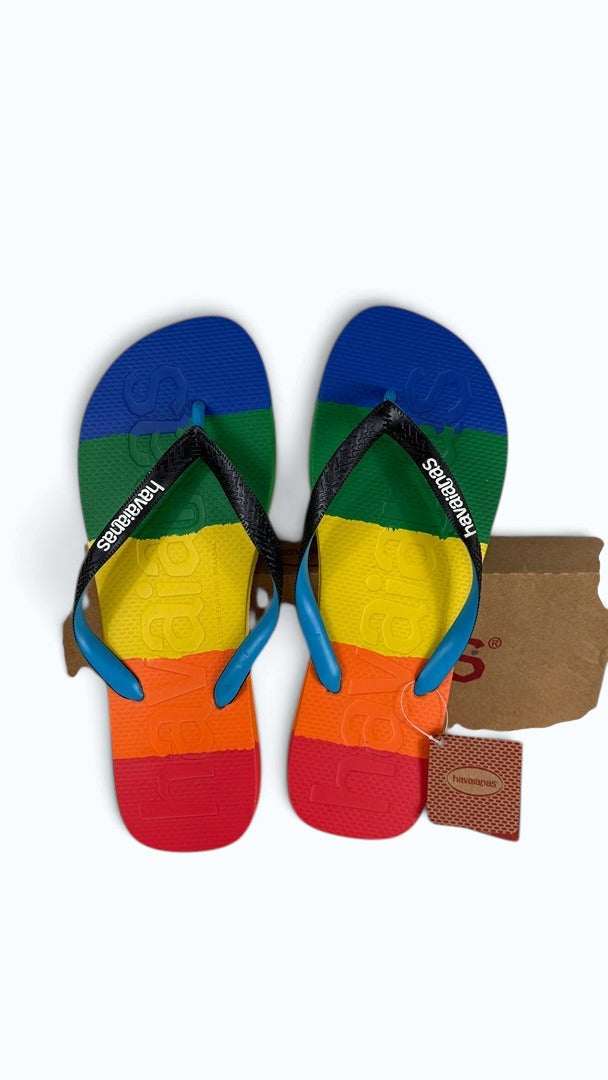Tongs Frippindealz Havaianas en caoutchouc avec semelle dégradée arc-en-ciel et brides noires siglées