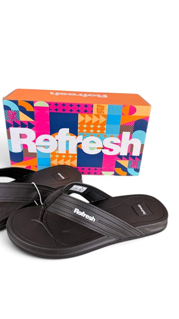 Tongs homme Frippindealz Refresh en cuir synthétique noir avec logo sur la bride et boîte colorée