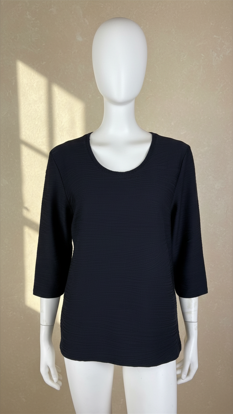 Top noir Frippindealz en polyamide et élasthanne avec manches trois-quarts et texture subtile, taille XXL