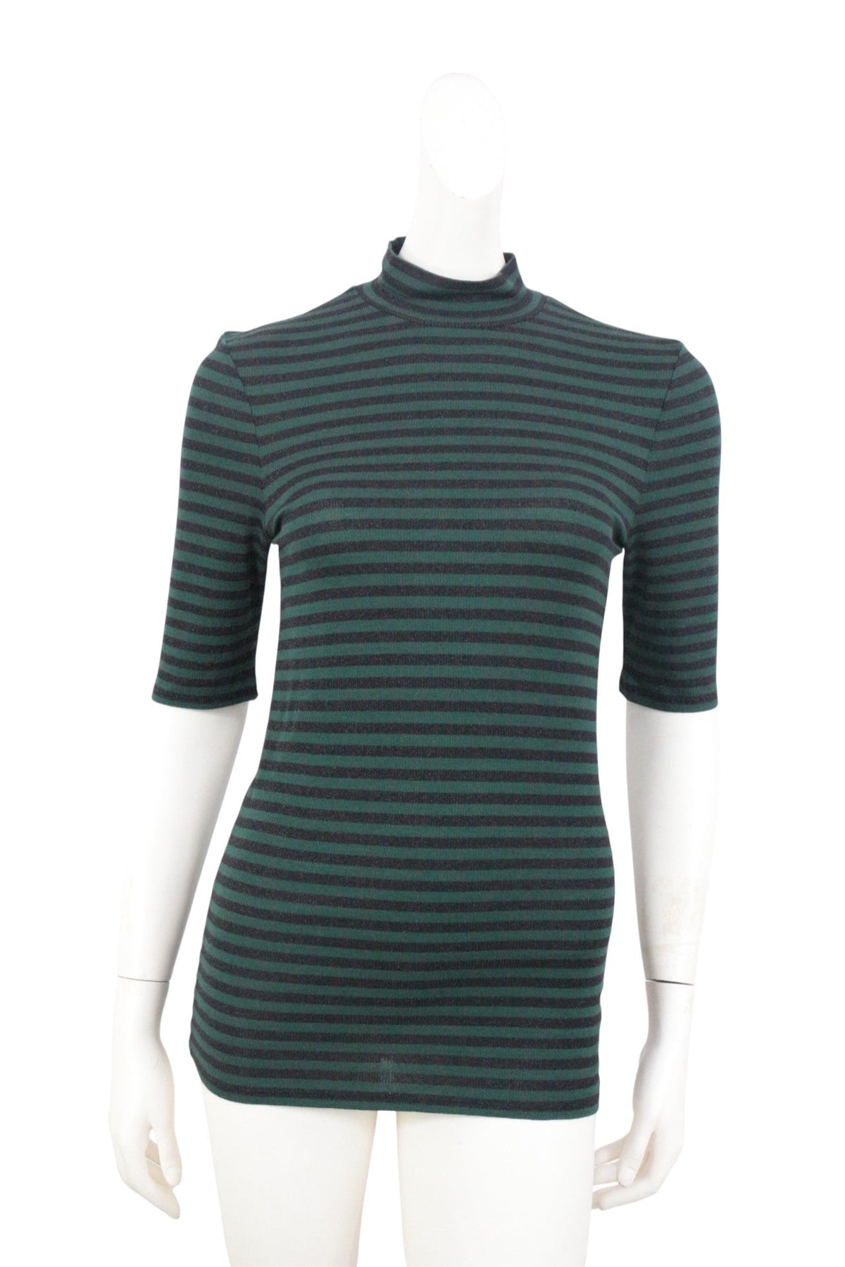 Top Hallhuber Donna Frippindealz à rayures noires et vertes, col montant, en mélange viscose et coton