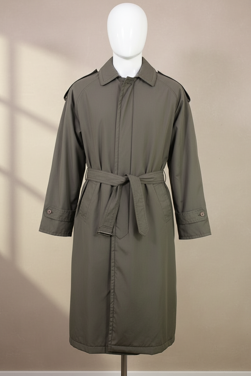 Trench coat vintage kaki John Stevens en mélange coton et polyester avec ceinture, présenté par Frippindealz