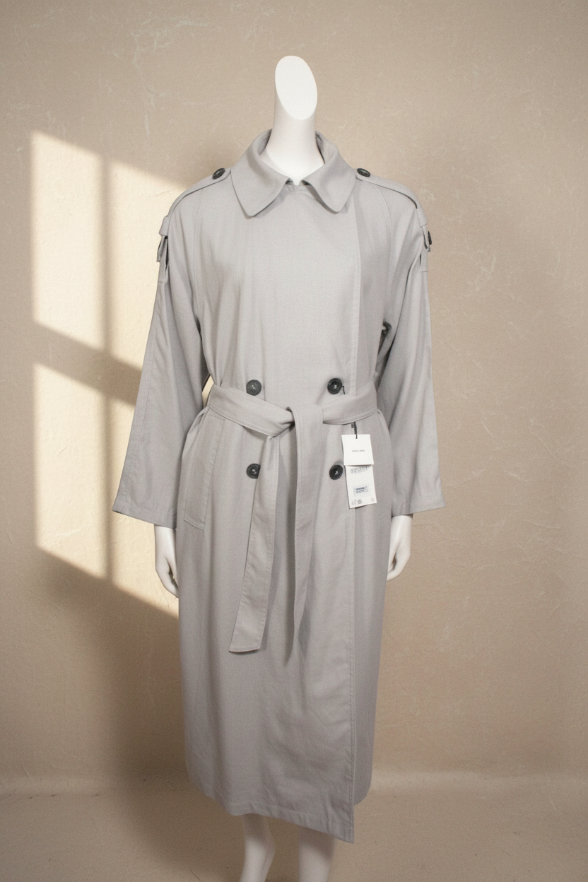 Trench-coat Frippindealz gris clair en mélange lin et viscose avec double boutonnage et ceinture à la taille