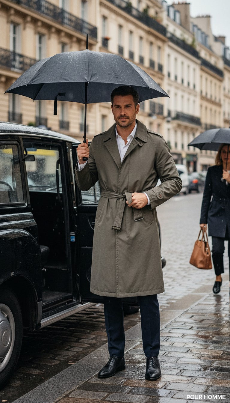 Homme portant un trench John Stevens kaki en coton et polyester avec ceinture, sous un parapluie dans une rue parisienne